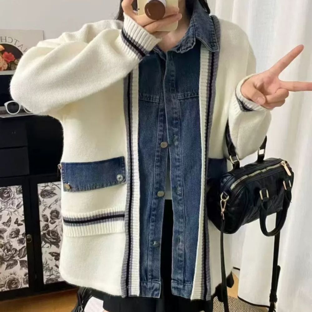 學院牛仔拼接針織率性廓形外套-象牙 (F)