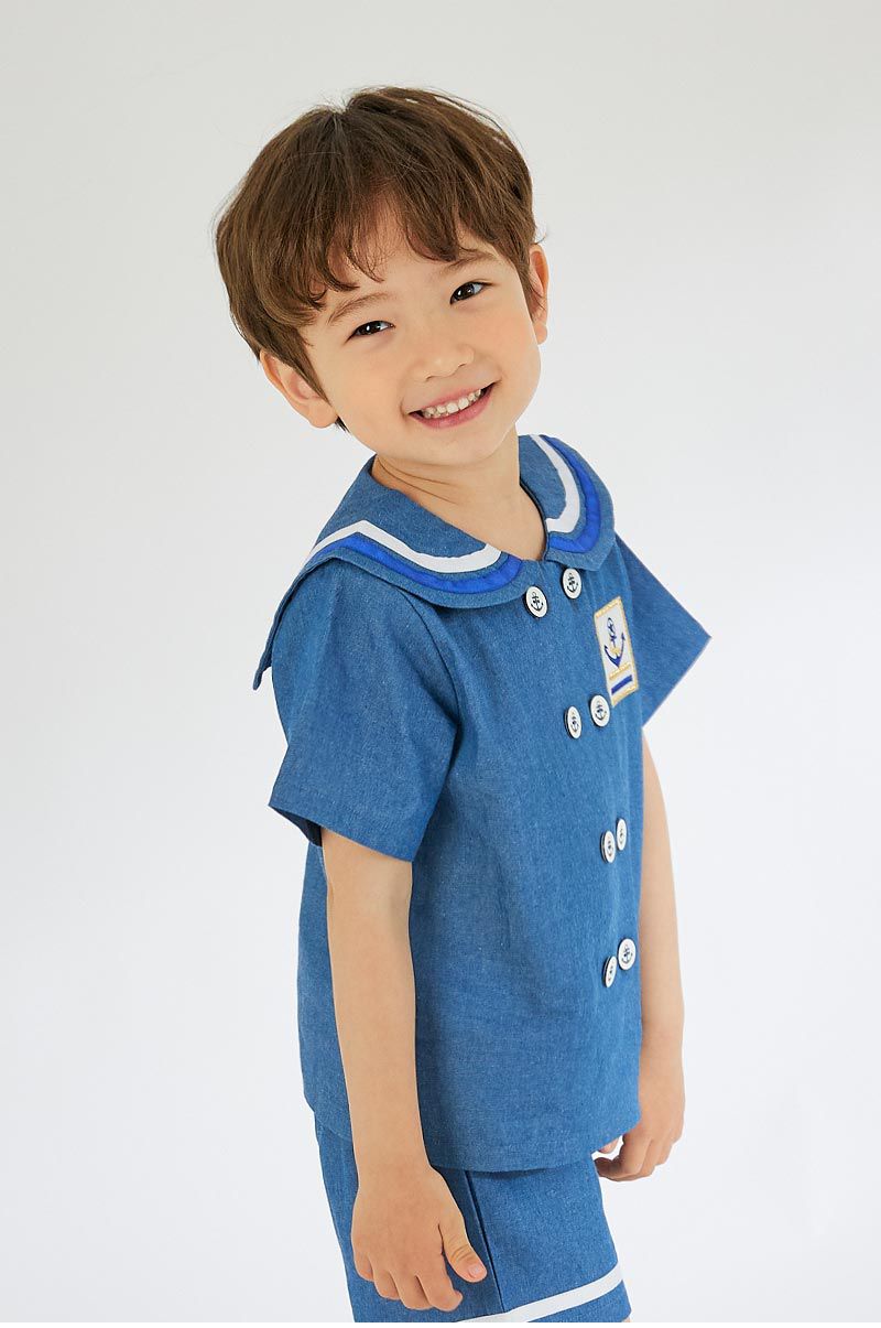 韓國 OZKIZ - 丹寧水手翻領排釦套裝-丹寧藍