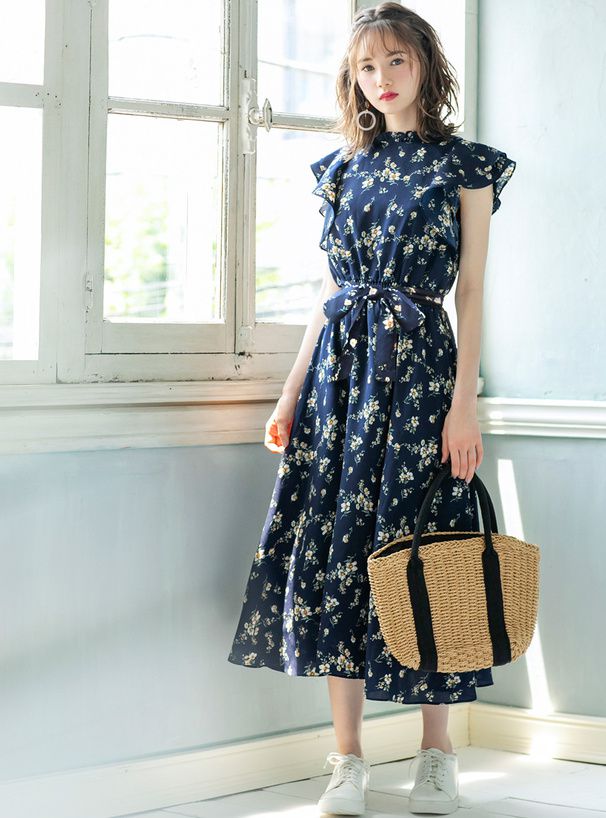 日本 GRL - 清新小碎花飛飛袖綁帶雪紡洋裝-深藍