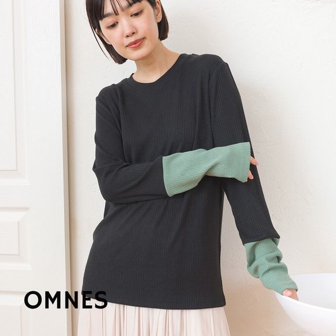 日本 OMNES - 低調簡約雙色羅紋長袖上衣-米白x粉