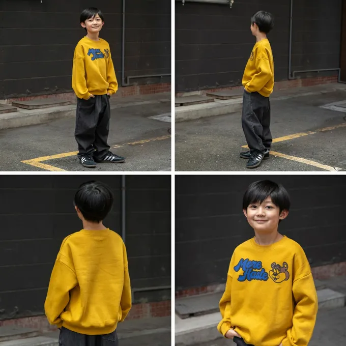 日本 BRANSHES - 裏起毛 舒適縮口長袖上衣-小熊-芥黃