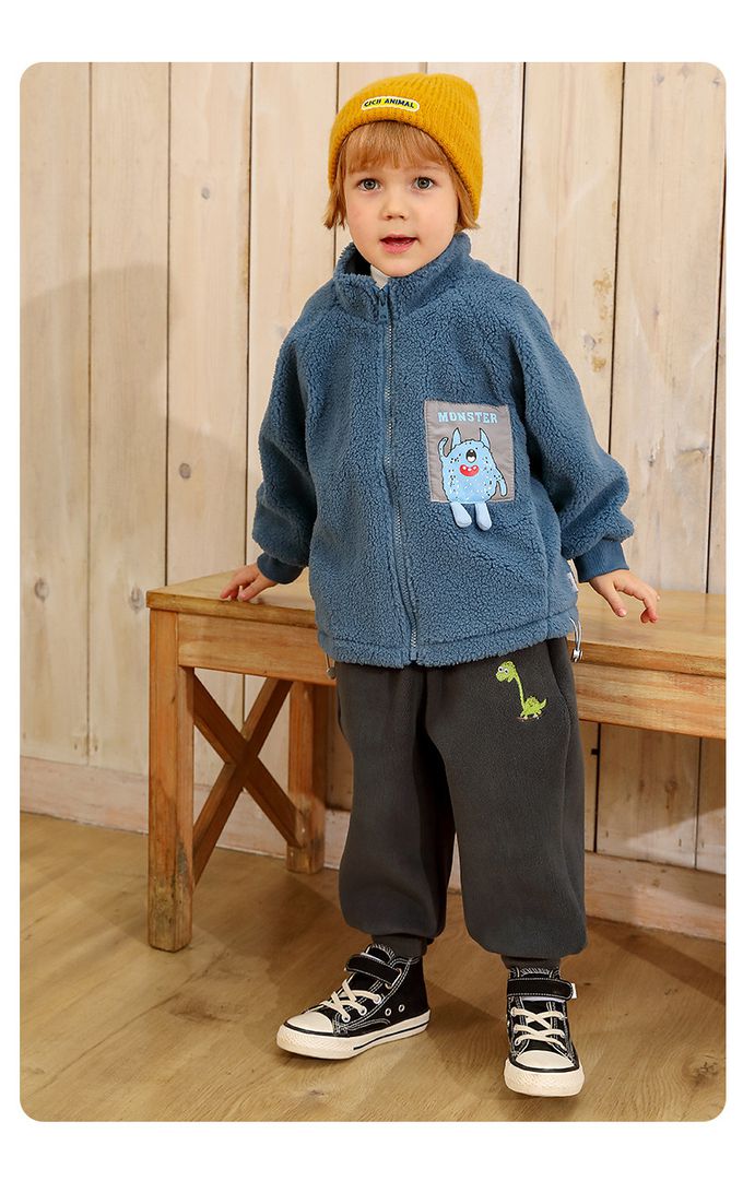 保暖立領羊羔絨外套-小怪物-深藍灰色