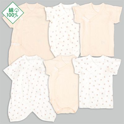 akachan honpo - 新生兒內衣6件組綁帶款短袖7分袖-櫻桃-粉紅色 (50~60cm)