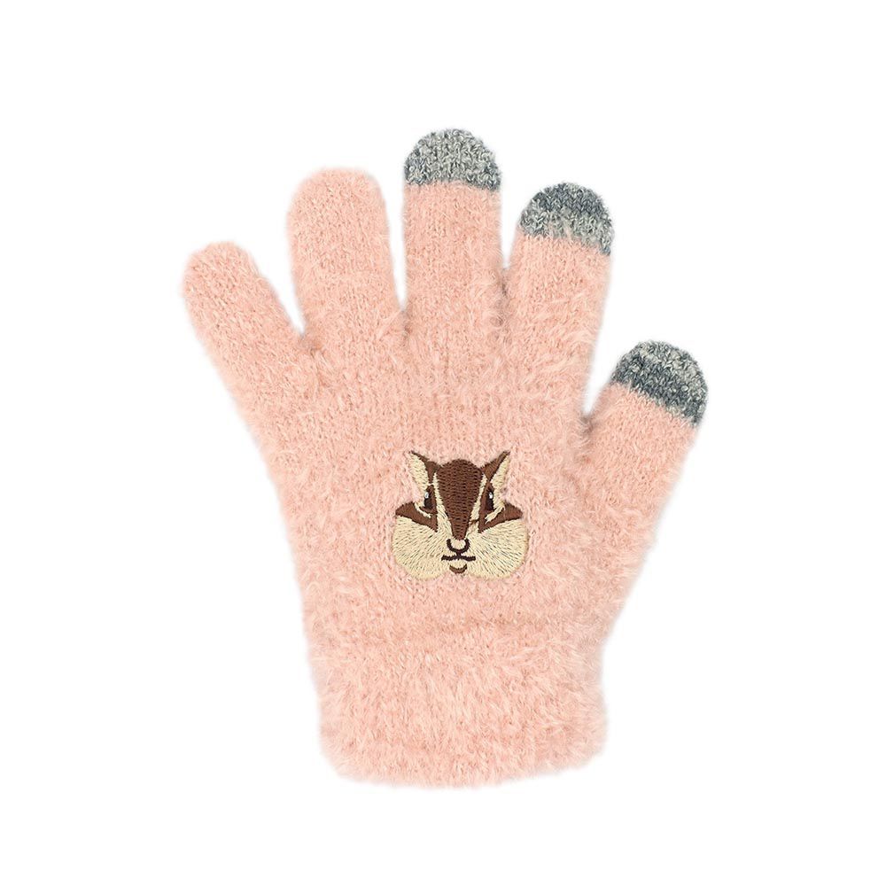 日本 TOMO - 兒童可觸控短絨保暖手套-花栗鼠-淺粉