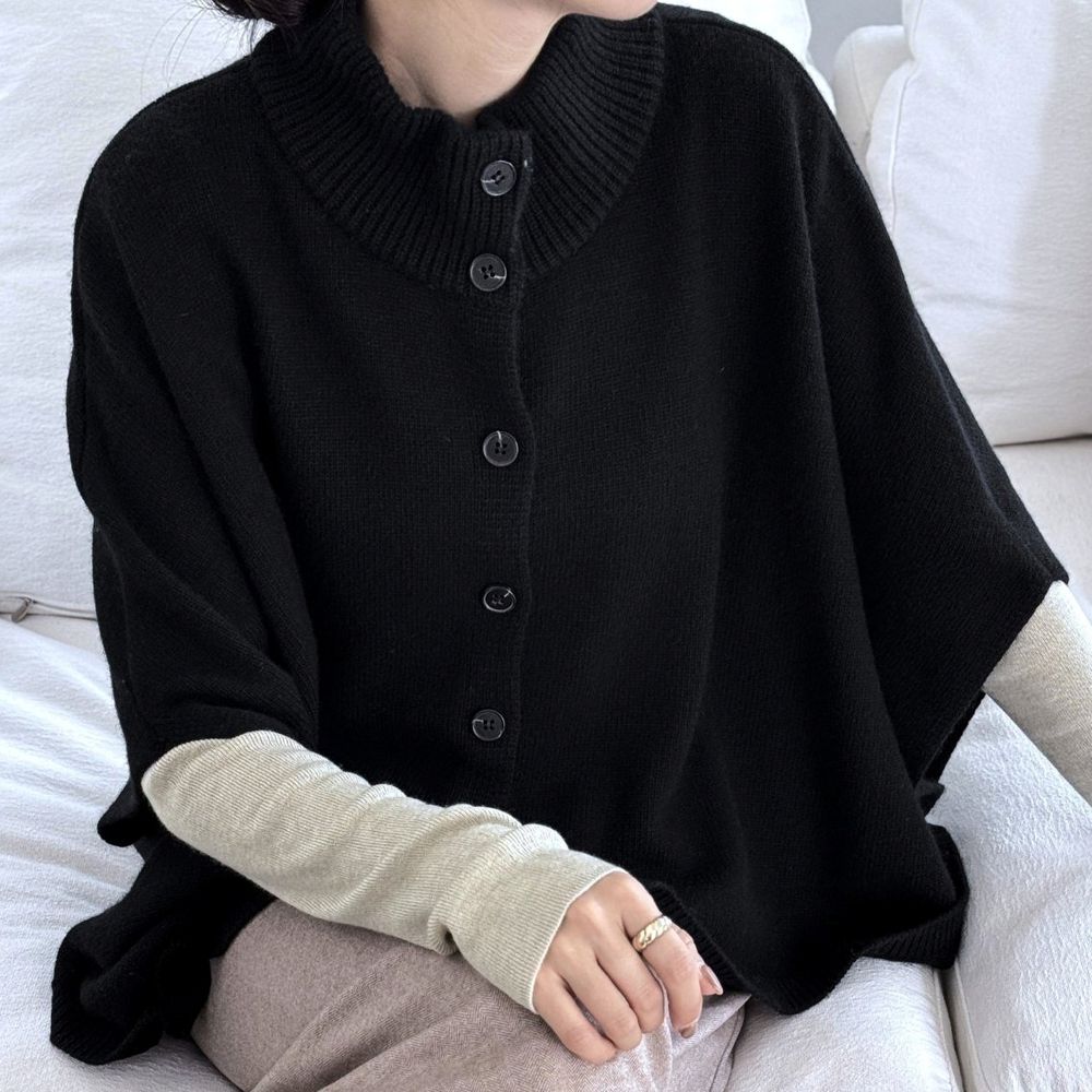 柔軟美麗諾羊毛針織斗篷風格背心外套-黑 (FREE)