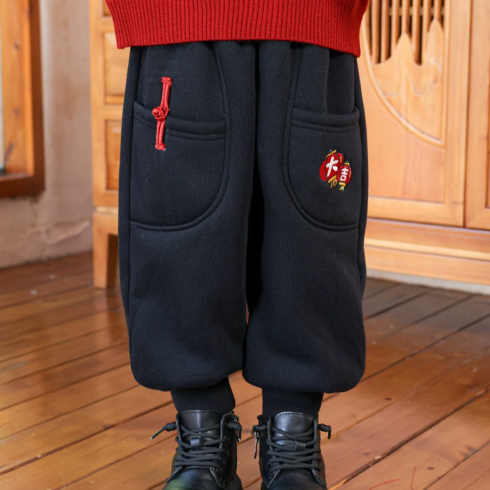 加絨保暖造型束口褲-大吉大利-黑色