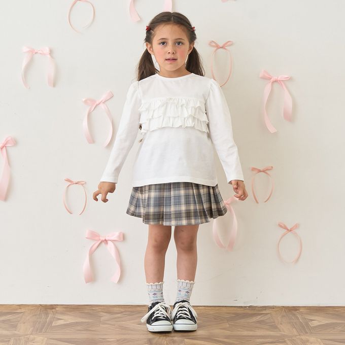 日本 Lycee mine - 100%棉 前後兩穿荷葉邊長袖上衣-淺灰藍