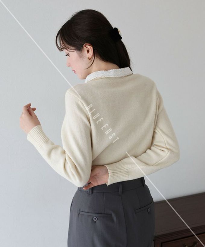 日本 BLUE EAST - 少女爛漫蕾絲蝴蝶結開襟衫-灰