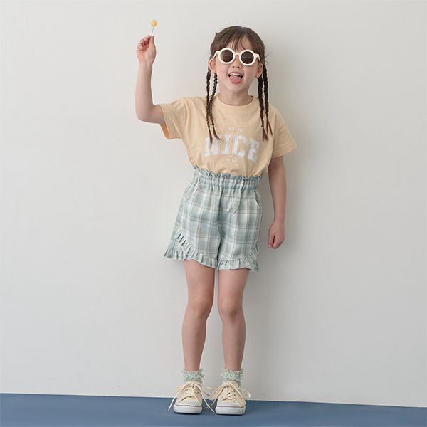 日本 Lycee mine - 可愛滿點荷葉摺邊短褲-格紋-草綠