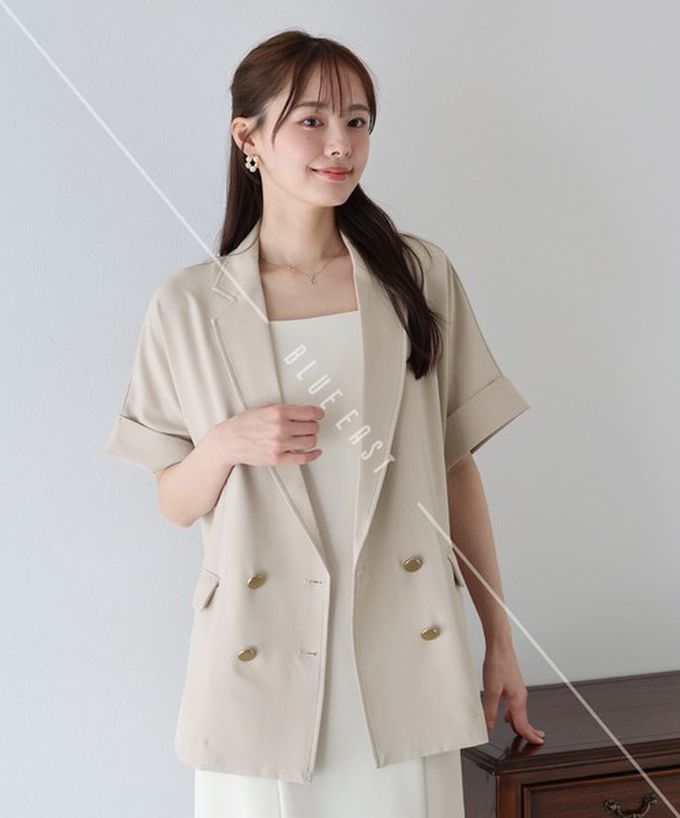 日本 BLUE EAST - 亞麻感氣質金釦短袖西裝外套-象牙白
