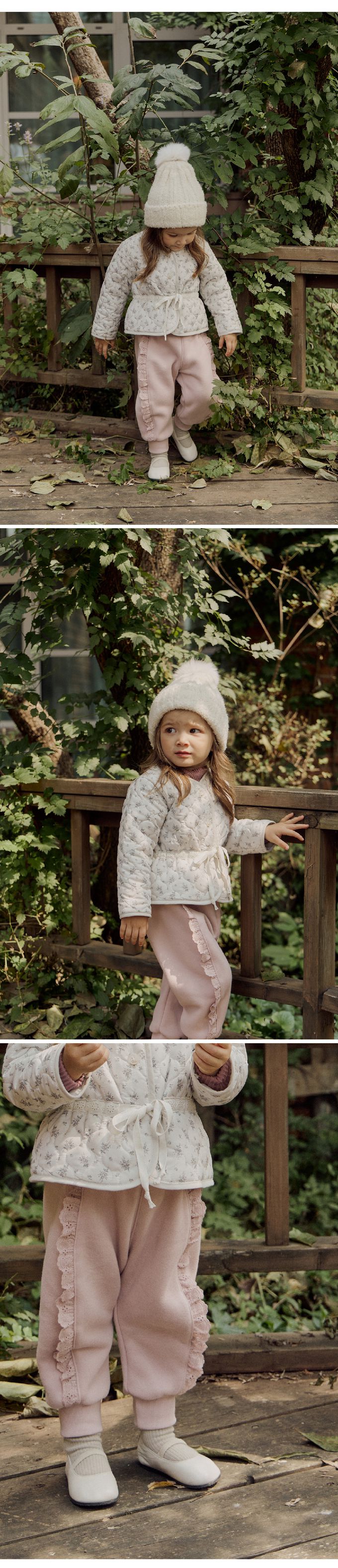 韓國 Puellaflo - 鬆緊腰蕾絲花點綴縮口長褲-粉