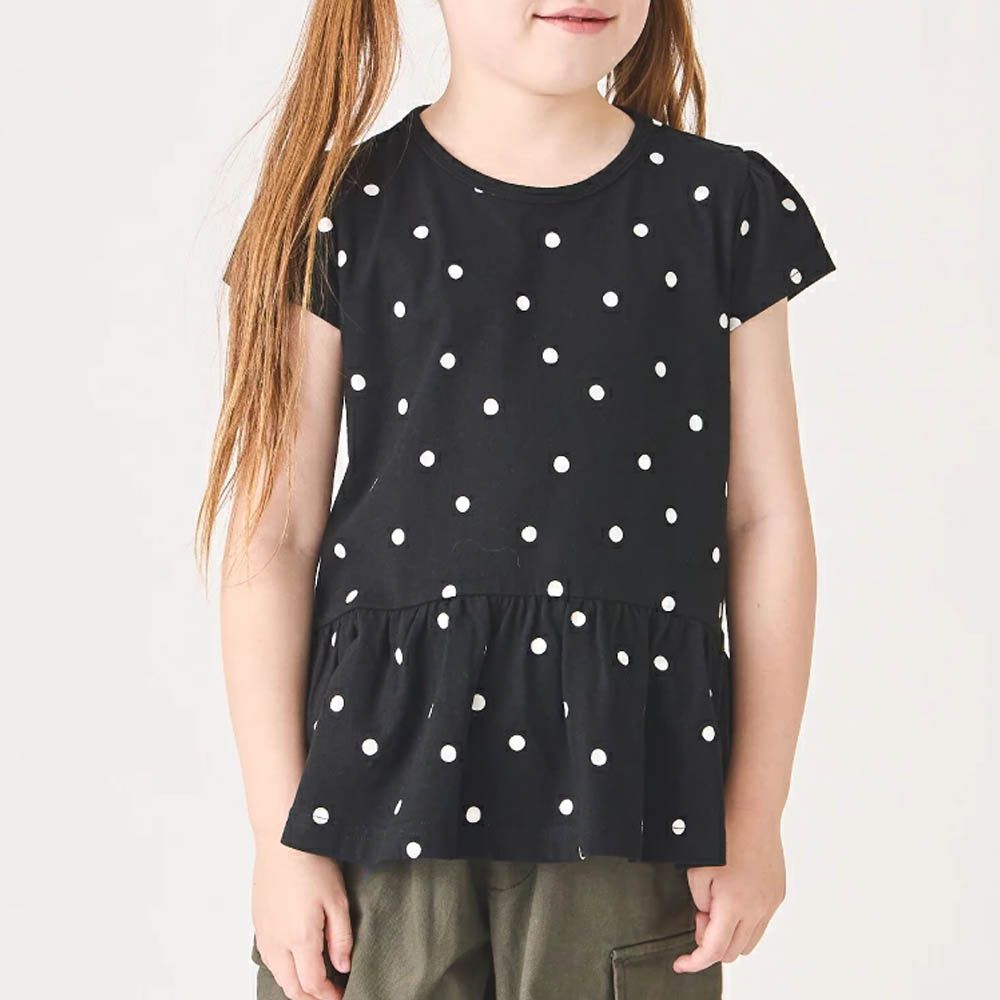 100%棉 層次荷葉衣襬短袖上衣-點點-黑