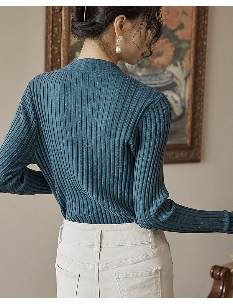 優雅百搭坑條修身針織上衣-藍色