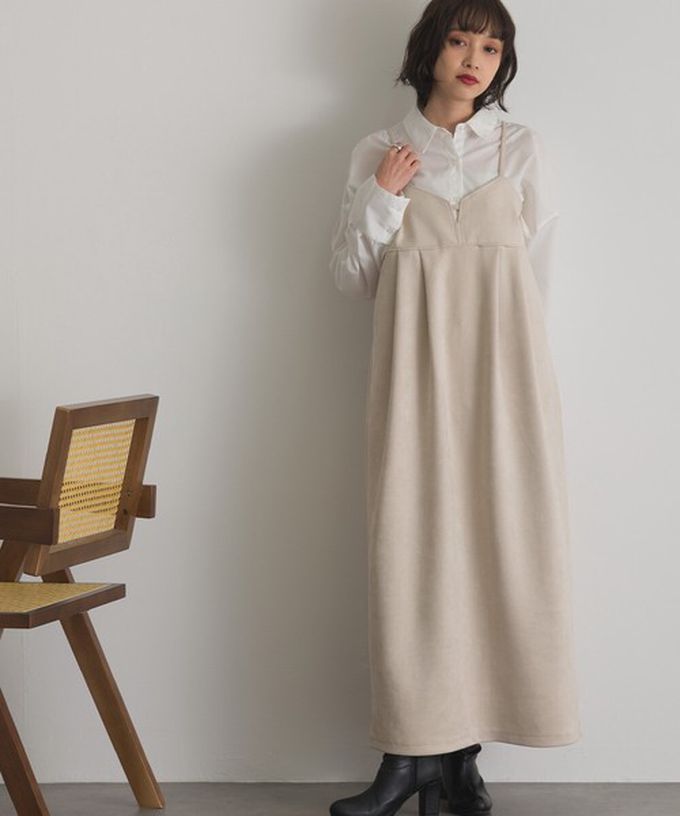 日本 ELENCARE DUE - 柔美垂墜感優雅絨面吊帶洋裝-炭灰