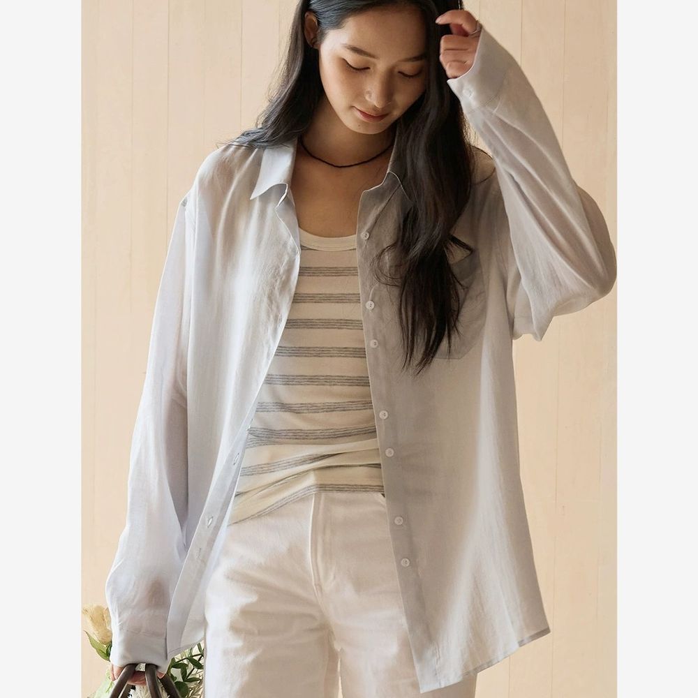 極簡慵懶天絲亞麻輕盈呼吸襯衫-霧藍