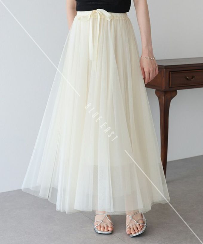 日本 BLUE EAST - 浪漫豐盈蝴蝶結綁帶薄紗裙-素色-摩卡