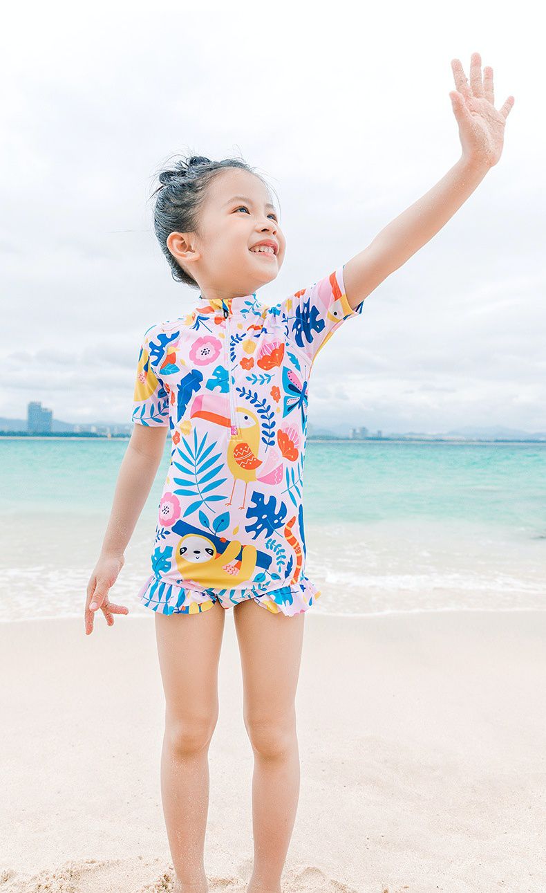 361° - 兒童卡通圖短袖連身泳衣-動物樂園-粉色