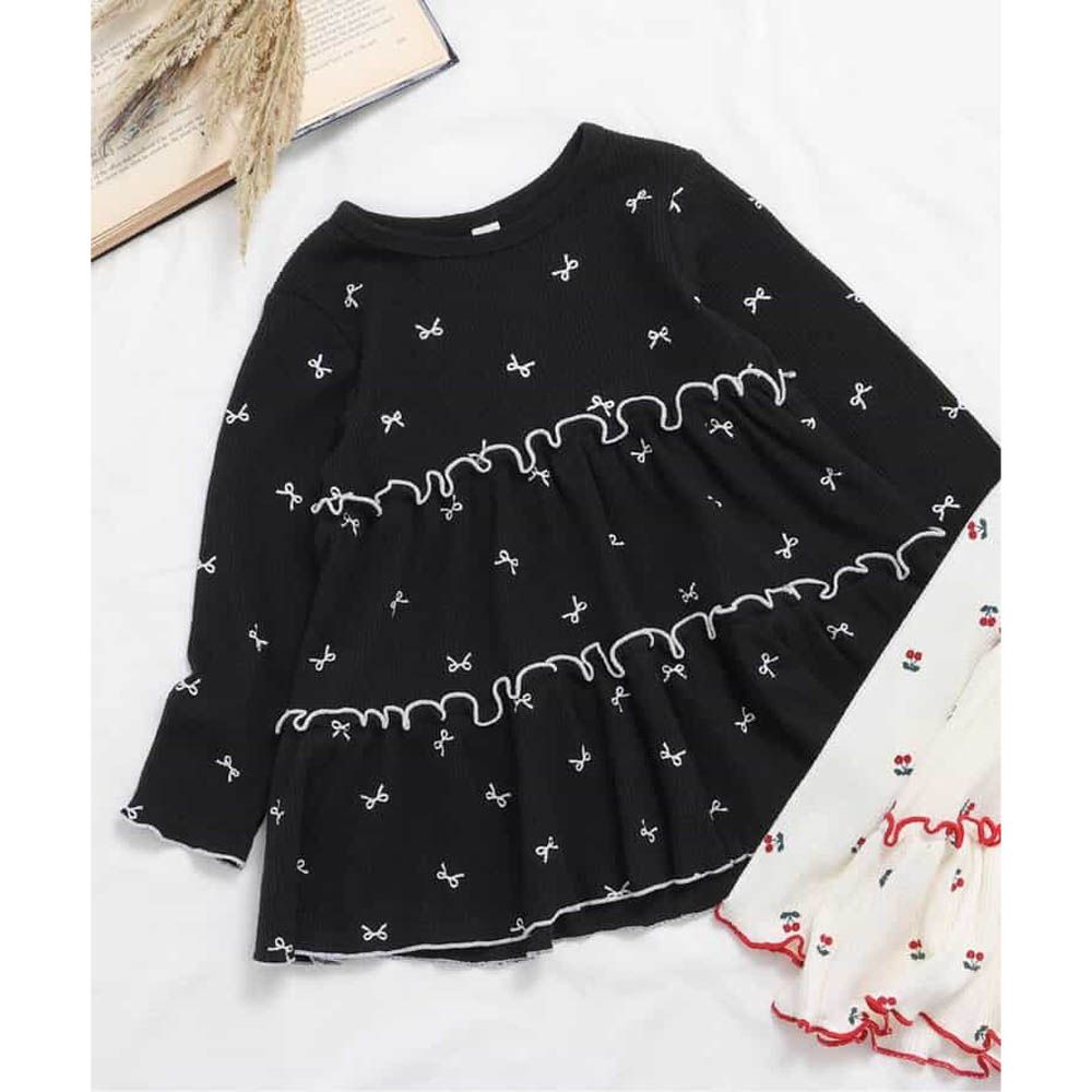 可愛層次感ＱＱ印花長袖上衣-蝴蝶結-黑