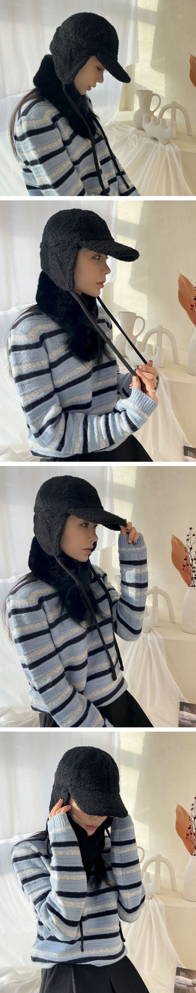 韓國 MAY - 羊羔絨毛護耳綁帶鴨舌帽-咖啡