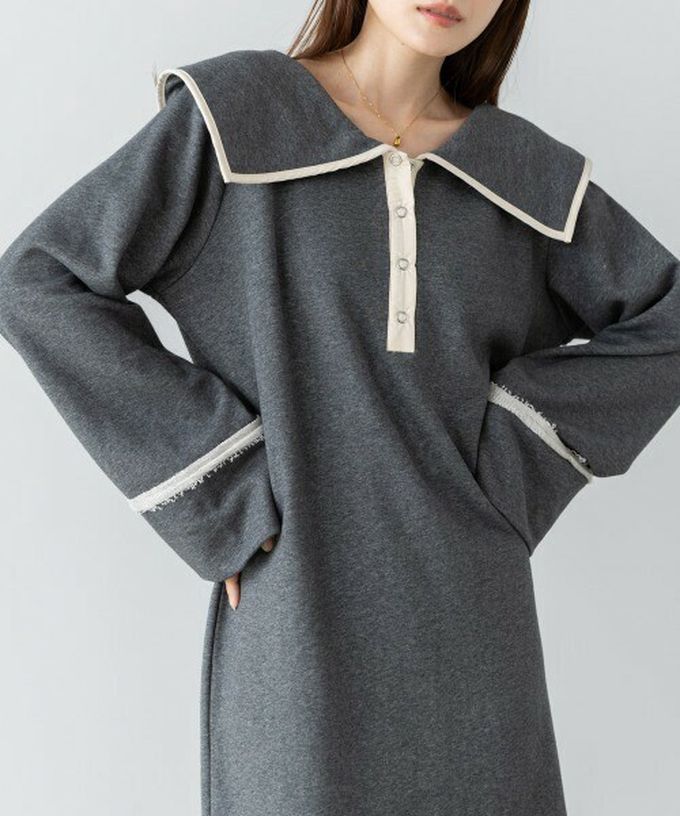 日本 Bab - 滾邊個性大翻領休閒長袖洋裝-深灰