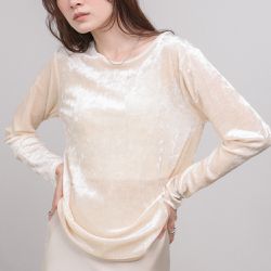日本 Bab - 柔軟光澤時尚天鵝絨長袖上衣-米杏