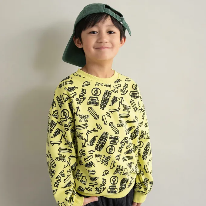 日本 BRANSHES - 街頭塗鴉風裏起毛長袖上衣-繽紛海報-白