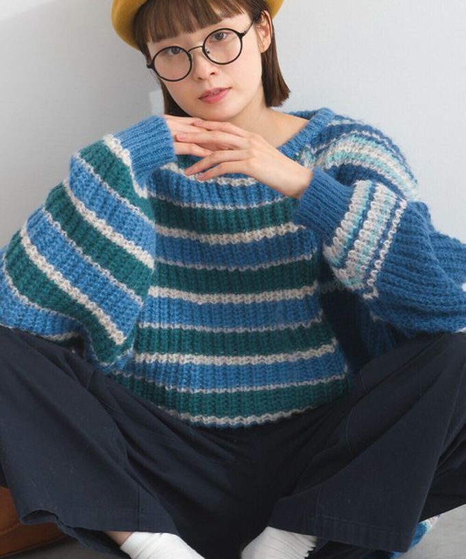 日本 Lupilien - 交錯明亮撞色條紋粗編毛衣-綠x灰系