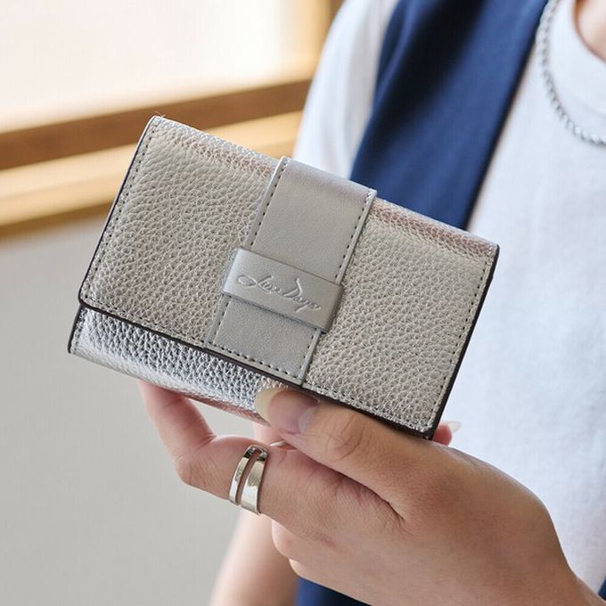 日本 LIZDAYS - 真皮迷你三折配色風琴短夾-卡其x煙燻粉紅