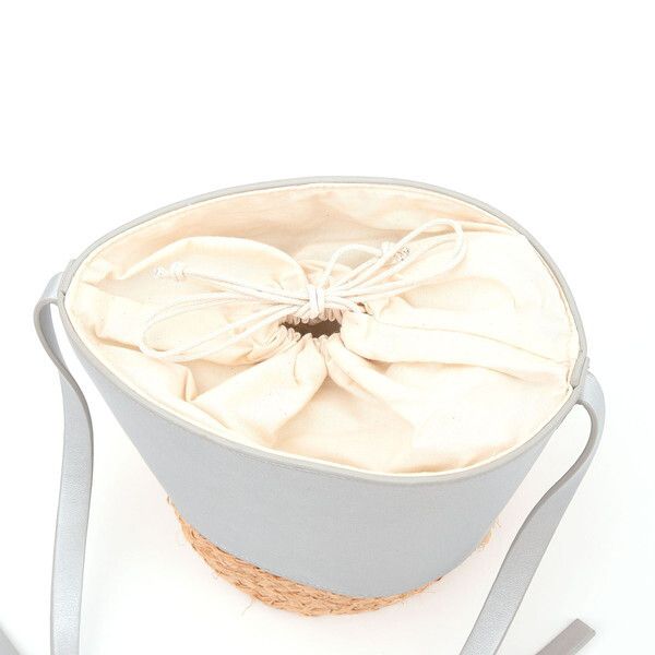 日本 COOCO - 束口仿皮X藤編拼接水桶手提包-銀 (16x20x16cm)