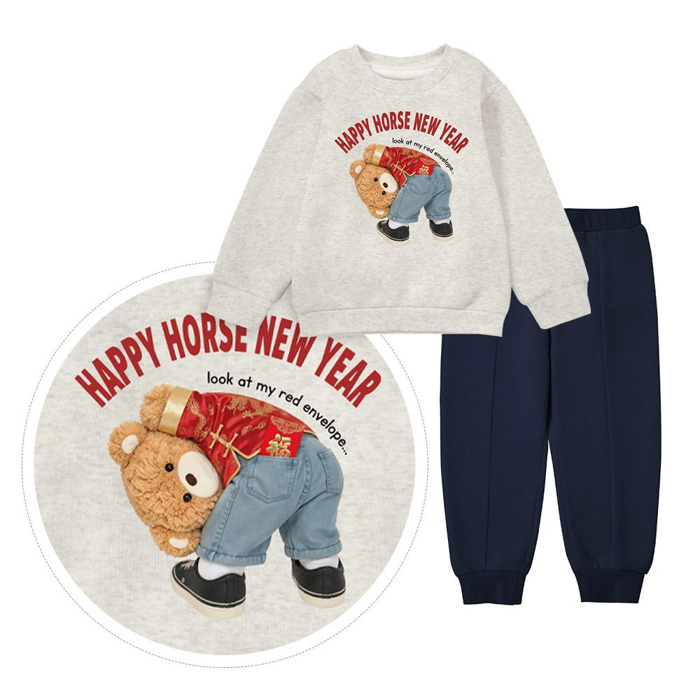 內刷絨長袖上衣+長褲套裝-紅包拿來-米灰藍