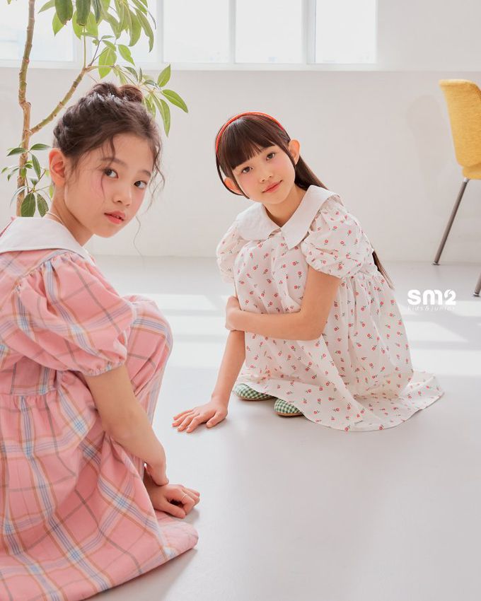 韓國 sm2 - Lovely印花泡泡袖洋裝-格紋-粉