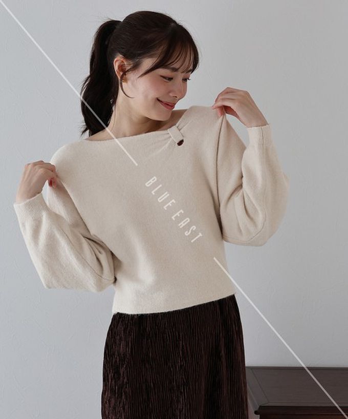 日本 BLUE EAST - 顯瘦曲線領簡潔針織長袖上衣-象牙 (M)