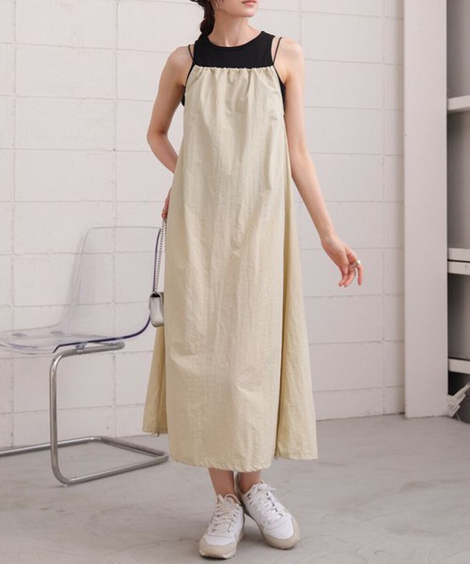 日本 Bab - 下擺澎澎氣球尼龍吊帶洋裝-米白