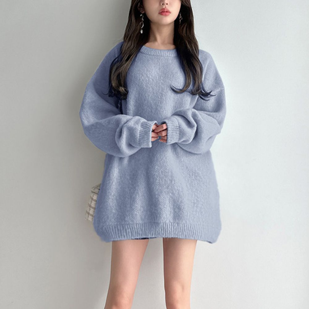 男友風寬鬆長版針織毛衣-寶貝藍 (F)