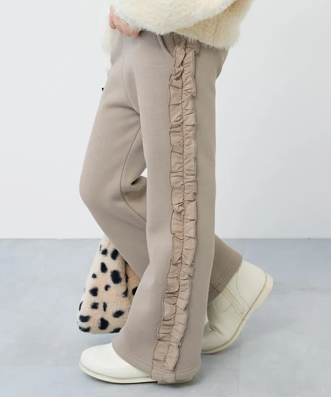 日本 devirock - 可愛設計荷葉邊裏毛長褲-下擺-灰杏