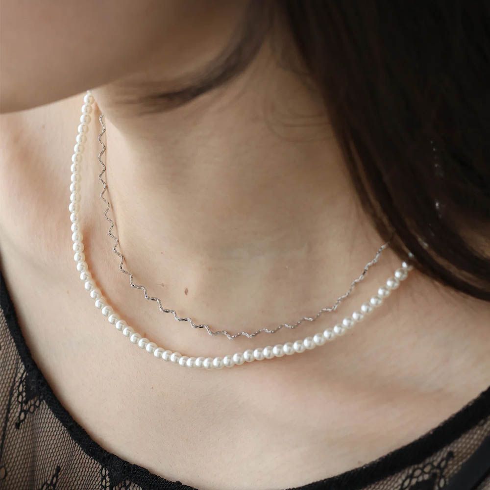 韓國製 珍珠波浪優雅雙層項鍊-銀