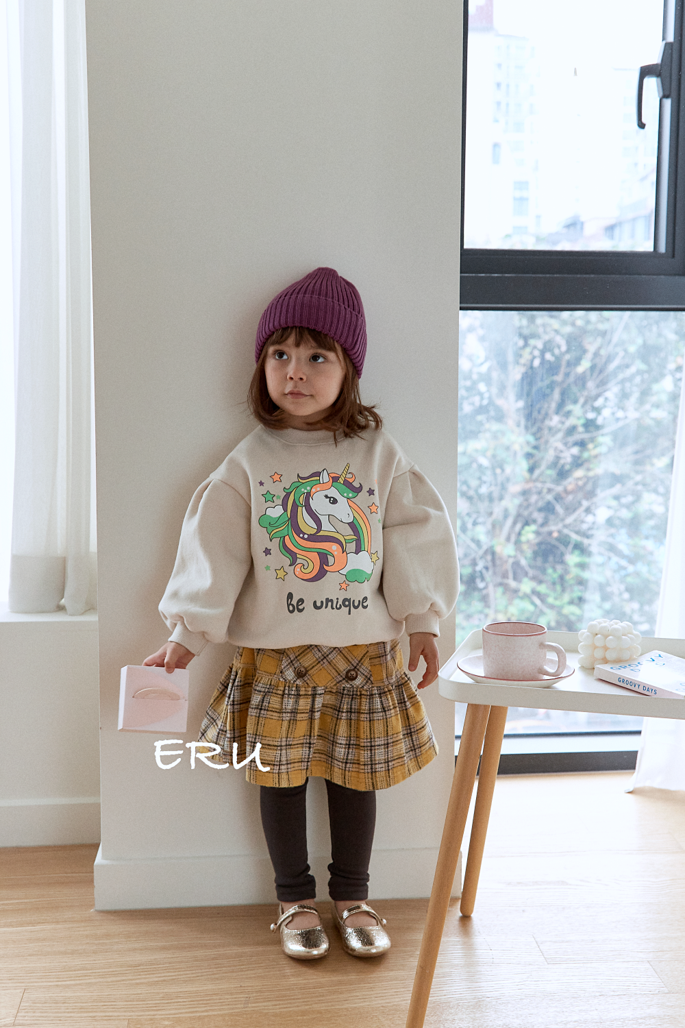 韓國 ERU - 裝飾鈕釦格紋褲裙-紅