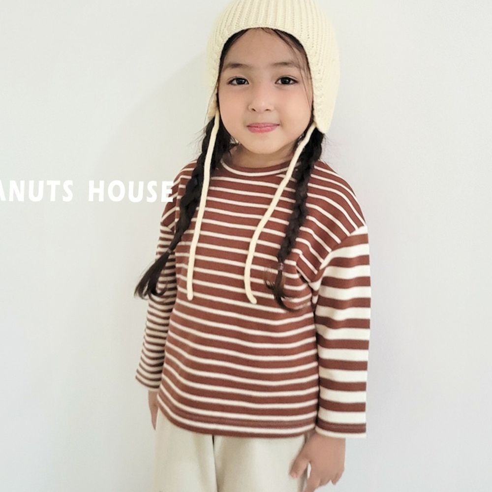 Peanuts House 不對稱條紋長袖上衣-咖啡