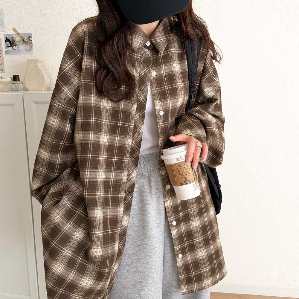 經典百搭寬鬆感絨面襯衫-咖啡