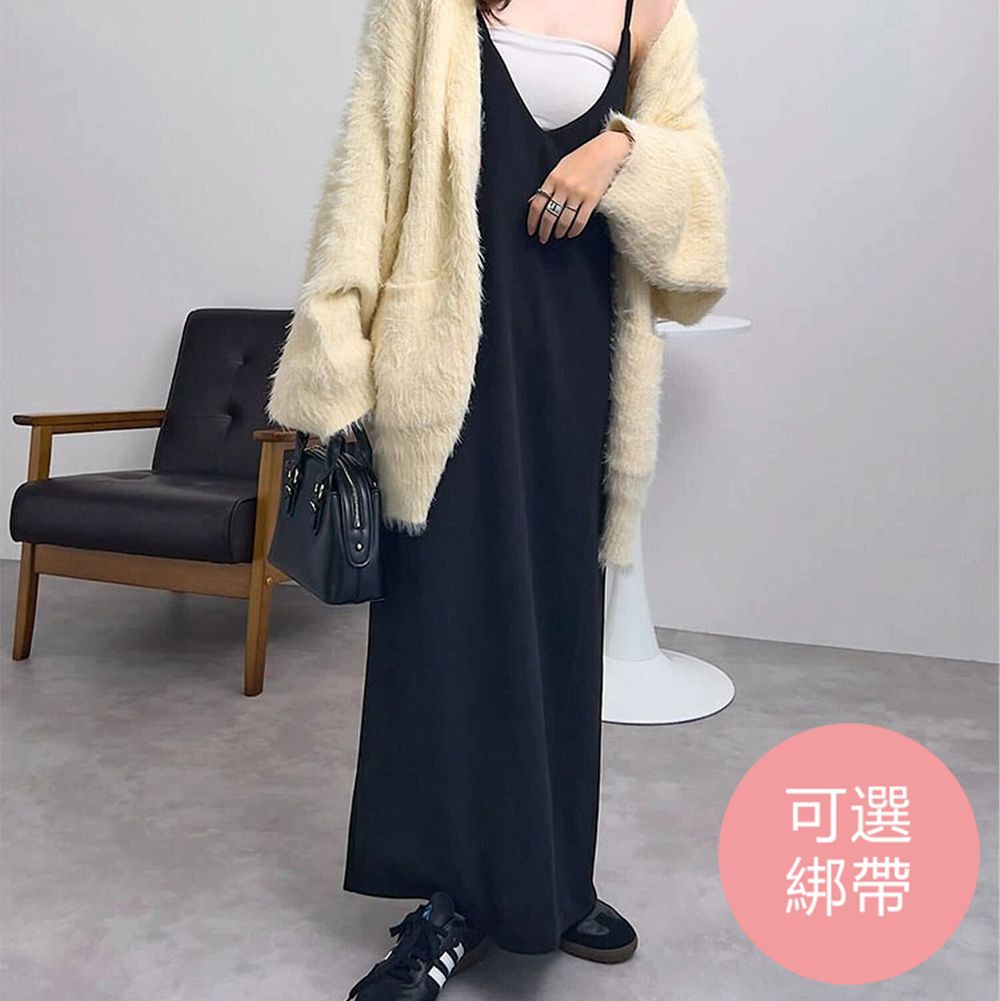 [店員推薦] 百搭V領日系吊帶裙-(可選綁帶)-知性黑