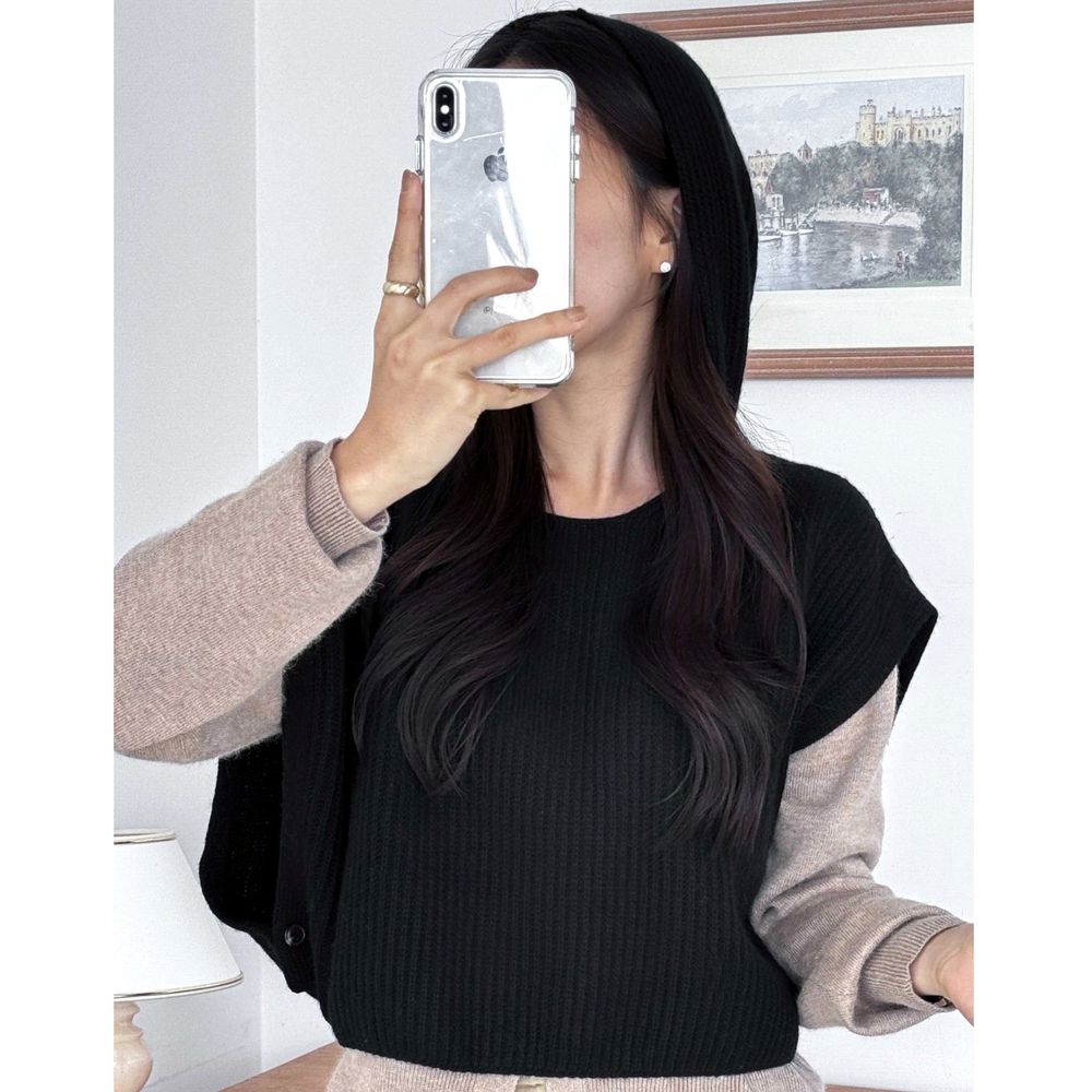 細緻喀什米爾羊毛短版連帽背心-黑 (FREE)