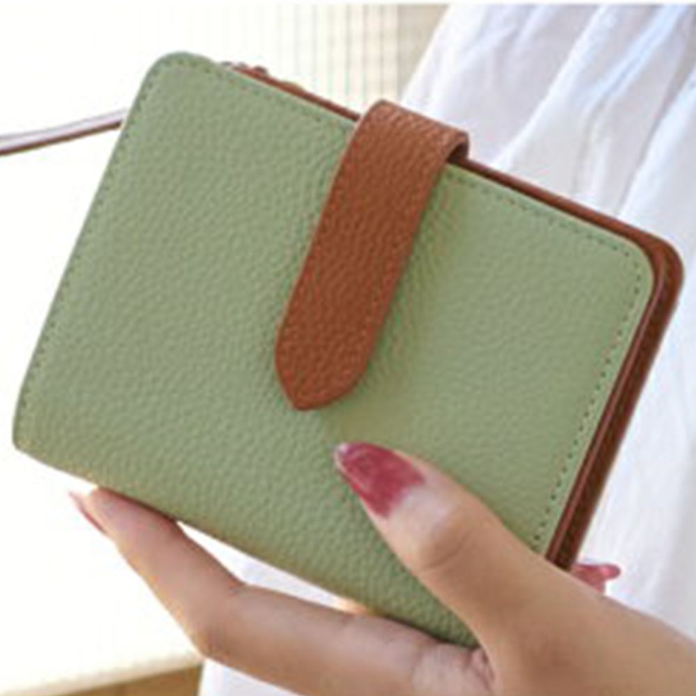 14口袋高收納力真皮對折式中夾-果綠x咖 (12x9.5cm)