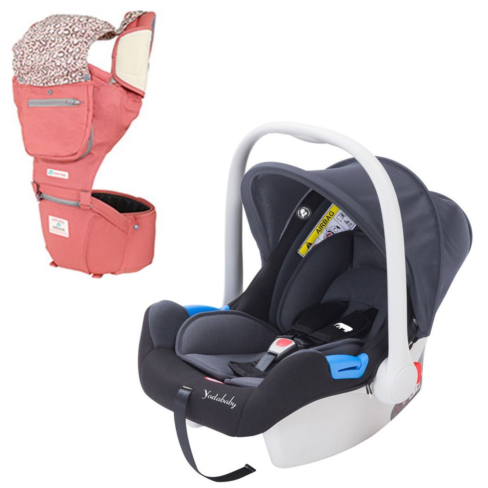 YODA - 嬰兒提籃式汽座+嬰幼兒機能成長型坐墊揹巾-沉穩黑+玫瑰粉-0-12M(新生兒~13KG)