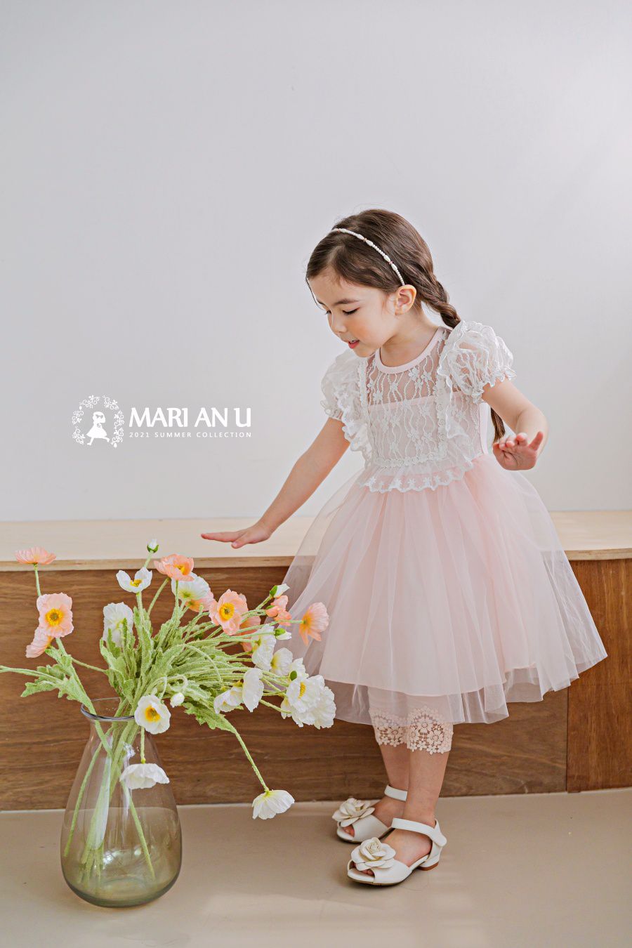 韓國 mari an u - 蕾絲透膚上衣拼接網紗洋裝-粉紅