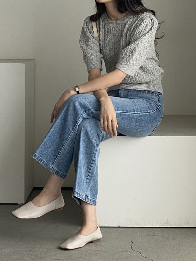 韓國女裝連線 - 麻花辮編織五分袖針織上衣-淺灰 (FREE)