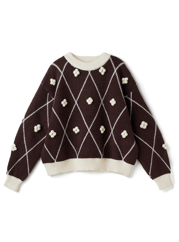 日本 GRL - 幾何菱格小花針織毛衣-米