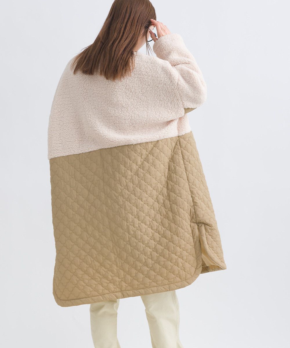 日本女裝代購 - 毛茸雲朵絎縫拼接長版鋪棉外套-軍綠