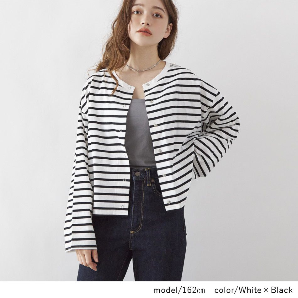 日本 Rejoule - V領橫條紋落肩短版薄外套-藍x白