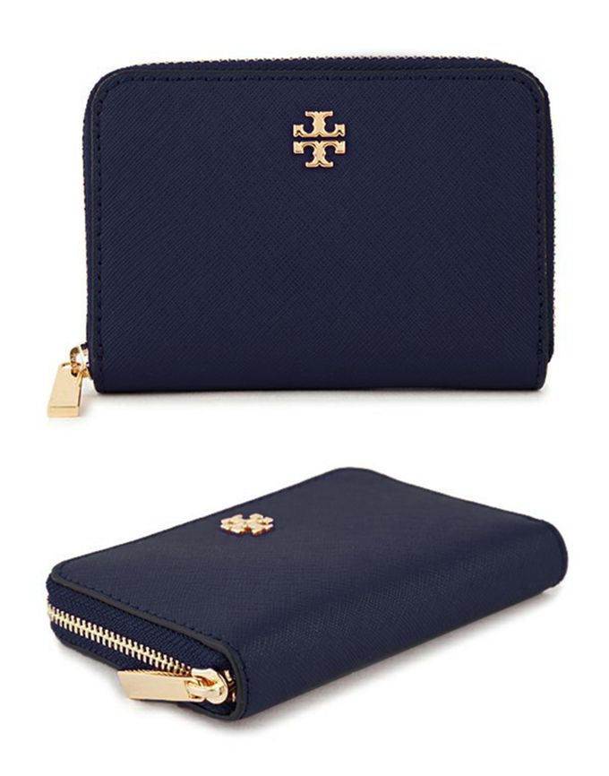 Tory Burch - 素面皮革拉鍊短夾 (深藍)
