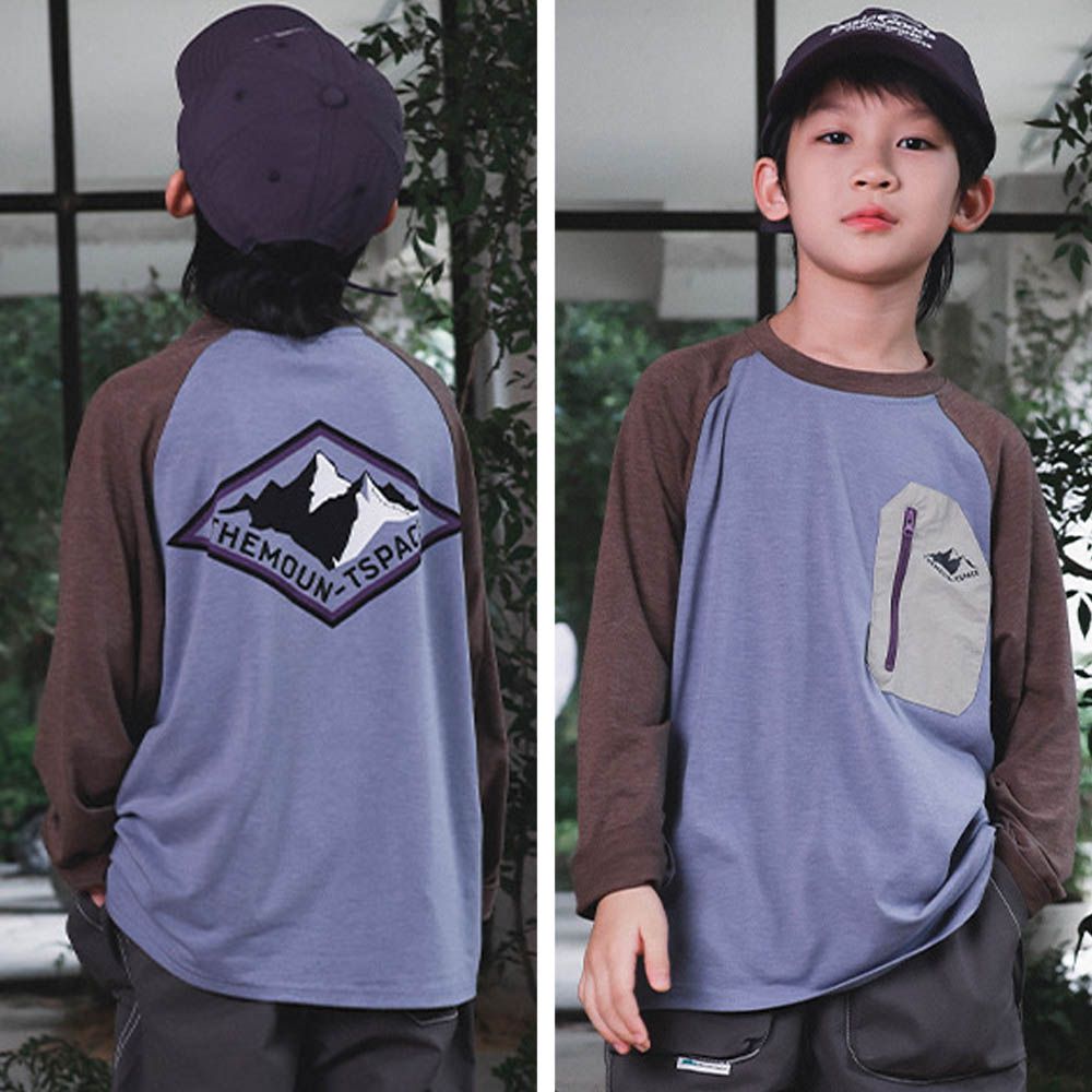 棉質圓領長袖上衣-撞色口袋-拼袖灰藍